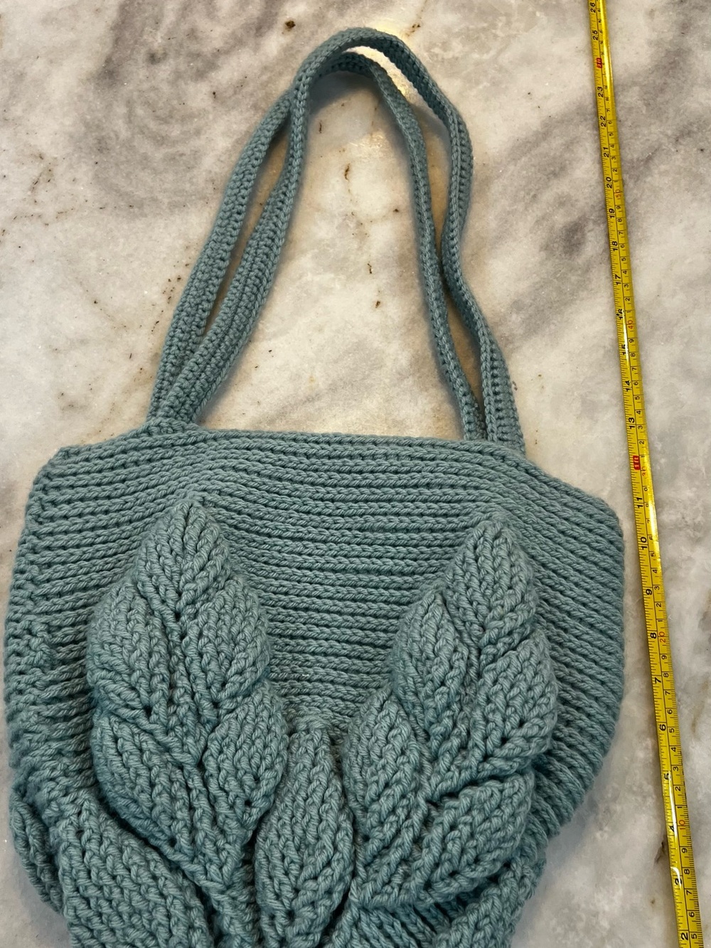 Large Sage Green Handmade Crocheted Shoulder Bag with Leaf Cable Detail